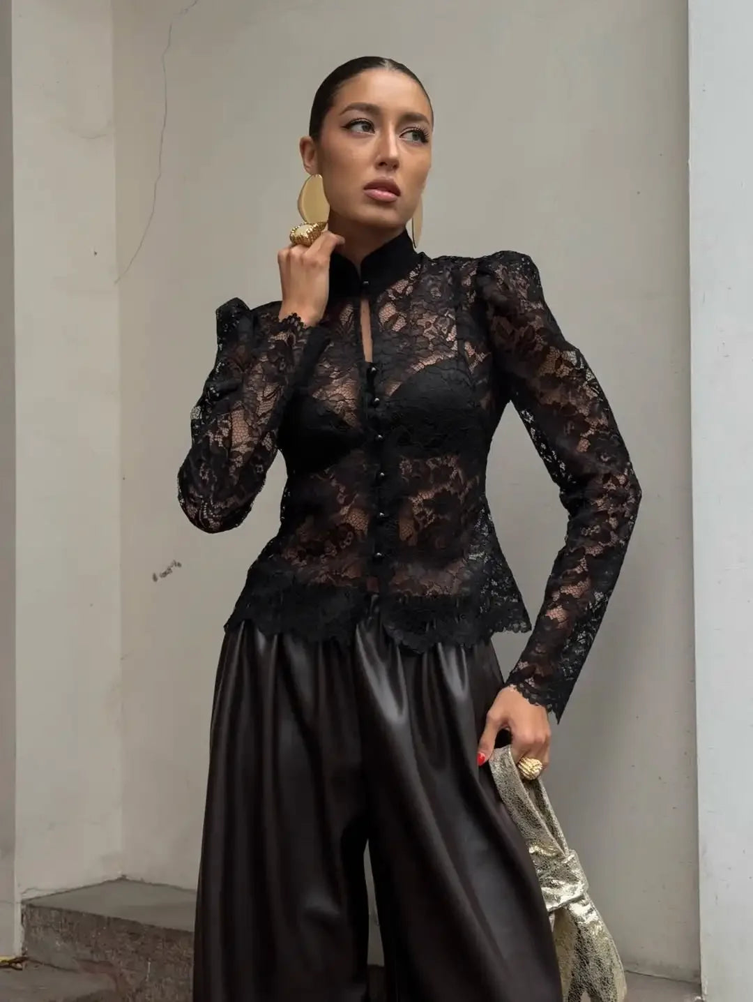 Elegante pizzo vedere attraverso camicia cinese donna sexy manica intera monopetto slim camicetta corta 2026 Lady Daily Street Shirts