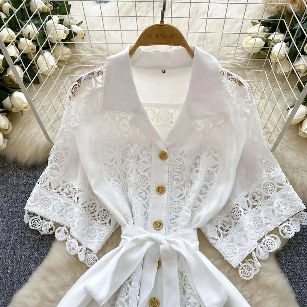Abiti midi scavati di lusso Camicia da donna Vacanza estiva Elegante bottone monopetto Cintura in pizzo Ricamo Vestido lungo da festa