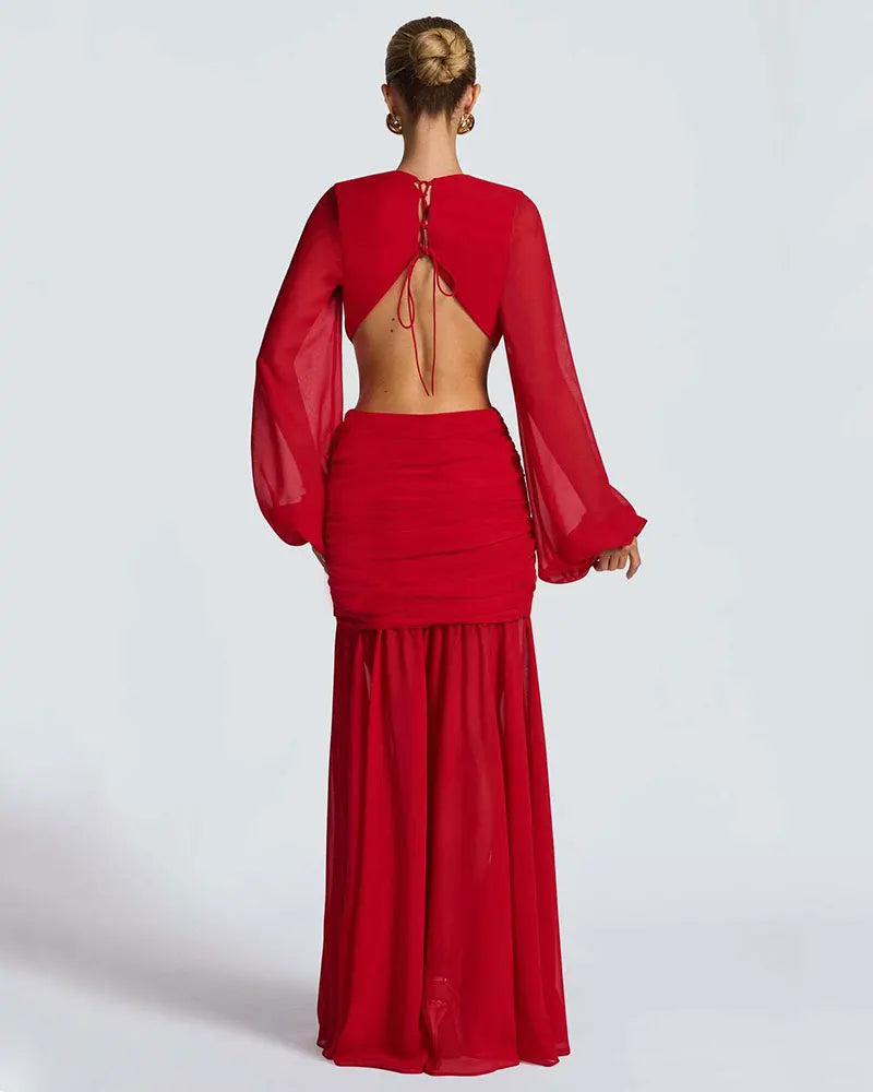 GACVGA Abito lungo elegante in chiffon per donna Nuovi abiti con maniche a lanterna Abiti lunghi aderenti da club sexy pieghettati