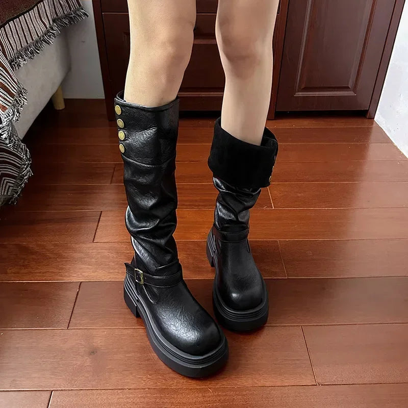 Women's Platform Motorcycle Boots Buckle Strap Thick-soled Boots Feamle New Fashion Black PU Leather Western Knight Botas Mujer