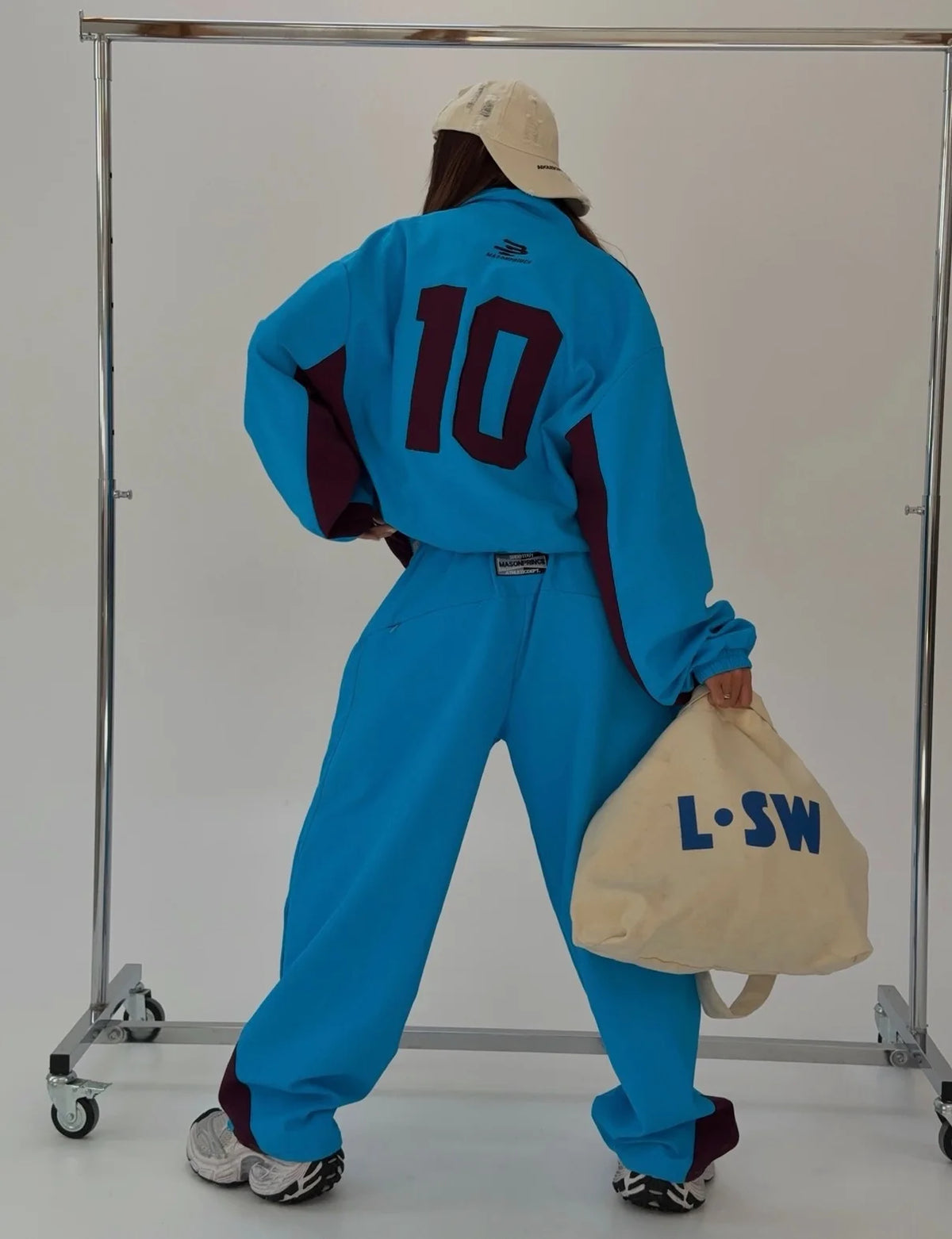 2026 Set Giacca e Pantaloni Sportivi Stile Harajuku Blu a Contrasto, Giacca con Ricamo Americano e Colletto Alto, Pantaloni a Gamba Larga