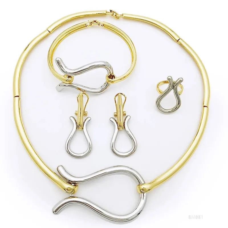 Parures de bijoux de mode de Dubaï pour femmes Collier, boucles d'oreilles, bracelet et bague au design minimaliste classique, pour un usage quotidien, cadeau idéal