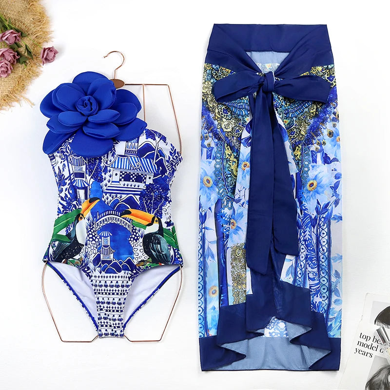 Costume da bagno floreale con stampa floreale con volant monospalla blu Set copricostume singolo micro monokini costumi da bagno sexy per ragazze Summer Beach