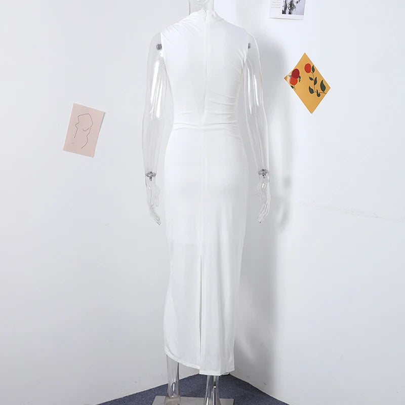 Abito da donna solido pieghettato O collo Slim Hip Package abiti lunghi da donna 2024 moda senza maniche Summer Evening Party abito femminile