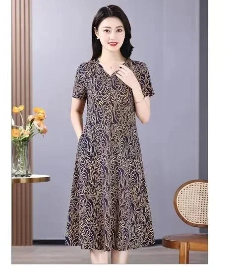 Abito estivo nuovo 2024 Abito classico da donna retrò Stampa Abito casual a maniche corte Moda Plus Size Fiore