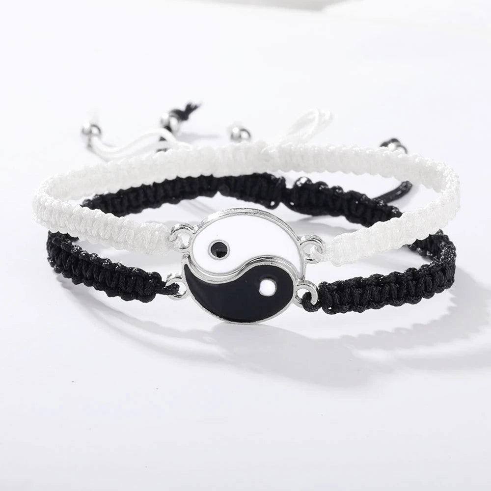 1 set di 2 semplici braccialetti di regolazione telescopica intrecciata in corda Yin e Yang in bianco e nero Tai Chi Bagua per uomini e donne