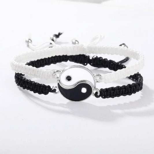 1 set di 2 semplici braccialetti di regolazione telescopica intrecciata in corda Yin e Yang in bianco e nero Tai Chi Bagua per uomini e donne