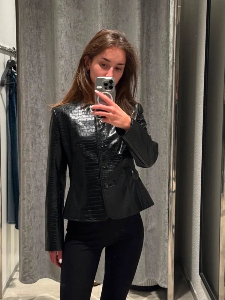 Giacca da donna in pelle PU tinta unita con colletto alla coreana e bottoni, cerniere, cappotto da donna, moda autunno 2026, capospalla femminile streetwear