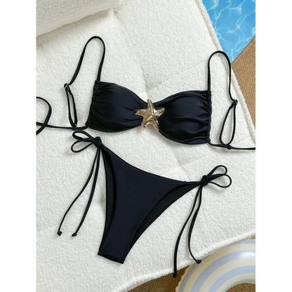 Costume da bagno bikini sexy a tinta unita, due pezzi, ad asciugatura rapida, senza schienale, in tessuto di nylon ad alta elasticità per nuoto e attività acquatiche.