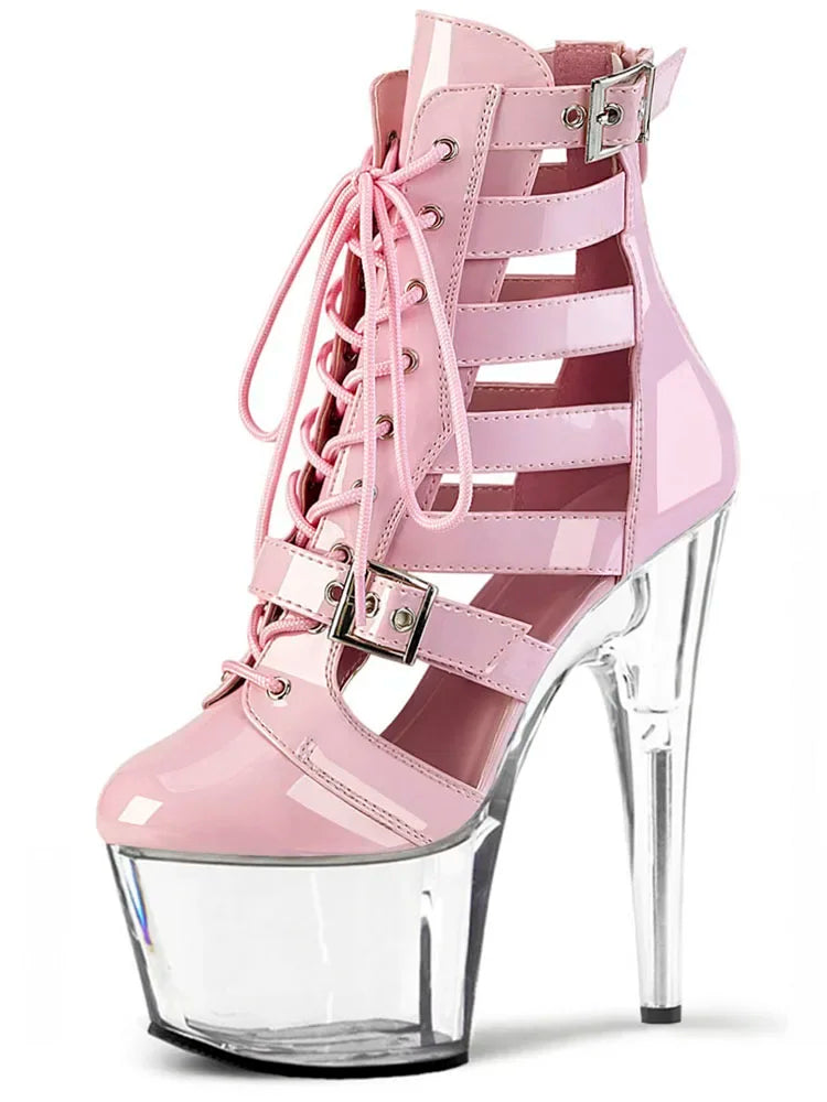 8inch Gladiator Women Ankle Boots 17cm Exotic Thin Heels 20cm Platform Sexy Fetish Shoes Pole Dance Roman Stripper Round Toe