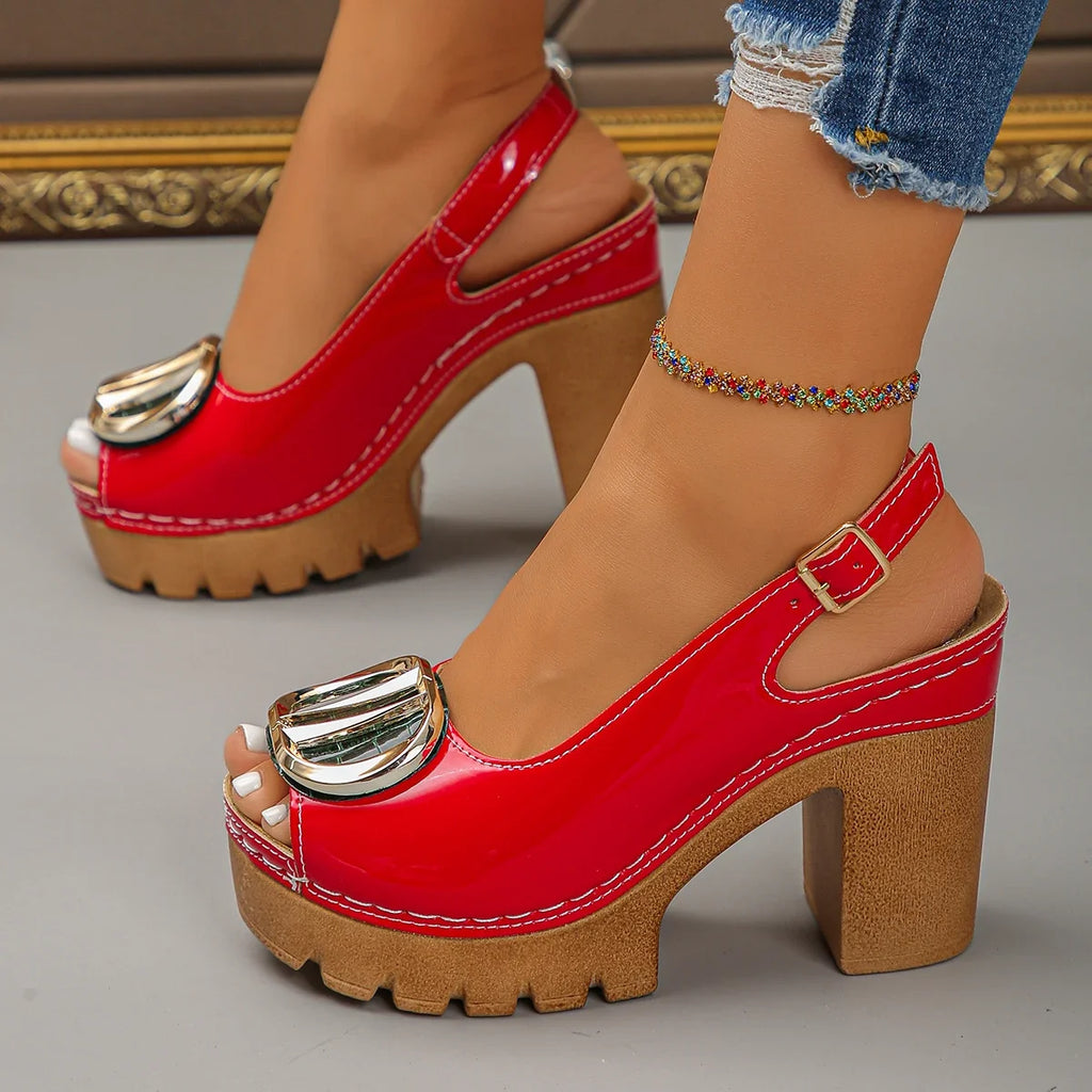 Neue Frauen Sommer Mode Metall High Heels Sandalen Gladiator Lässig Vielseitig Fischmaul Römische Sandalen High Heels Damenschuhe