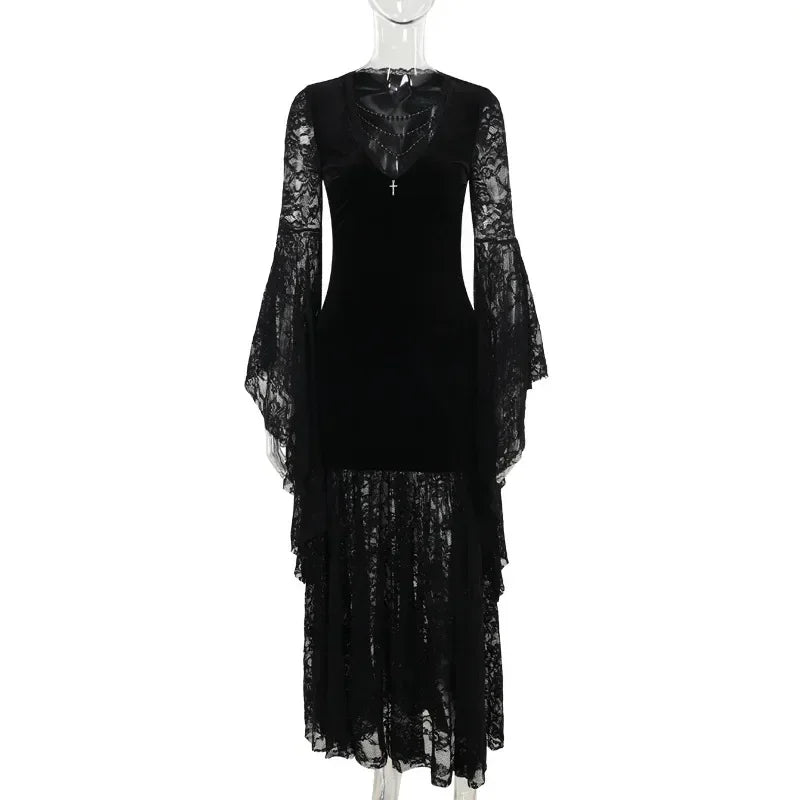 Y2K Goth floreale pizzo maglia manica svasata aderente abiti da festa sexy vintage elegante velluto nero con scollo a V abito lungo partywear