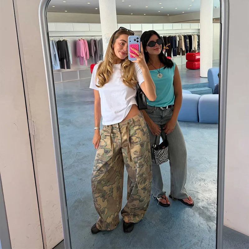 Pantaloni da donna con stampa mimetica, vita con coulisse, gamba larga, taglio ampio, orlo con coulisse, vestibilità comoda, pantaloni casual, streetwear, nuova moda 2026