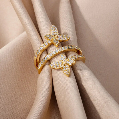 Anelli a doppia farfalla con zirconi per donna Anello multistrato aperto color oro in acciaio inossidabile Gioielli per festa di nozze di moda 2024 Nuovo