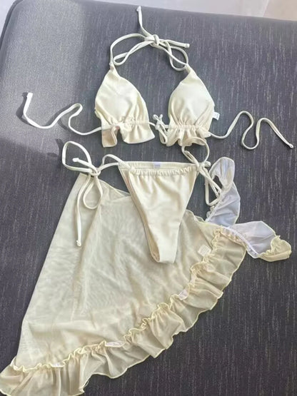 Nuovo con Sarong Halter Bikini arruffato costumi da bagno donna costume da bagno donna tre pezzi Bikini set bagnante costume da bagno Swim Lady K4144