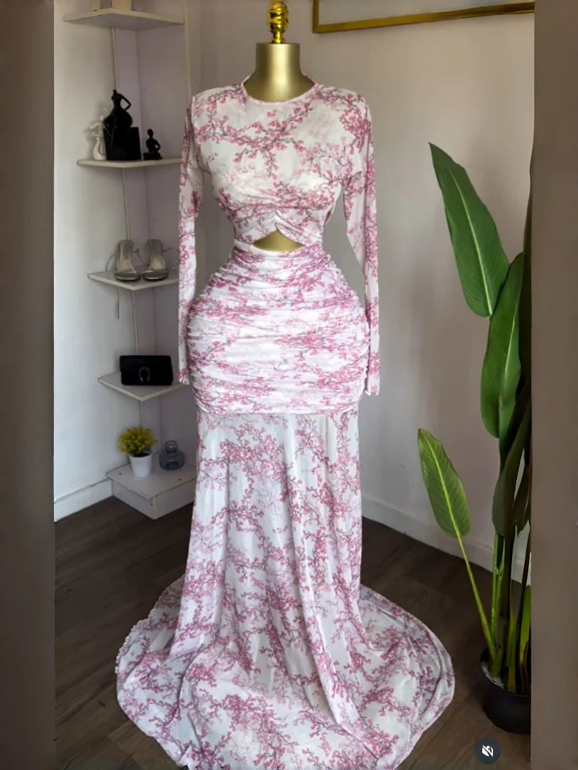 GLCMYAYA 2025 Autunno Donna O-Collo Manica lunga Stampa Sirena Maxi abito 2025 Sera Compleanno Spiaggia Sexy Night Party Abiti lunghi