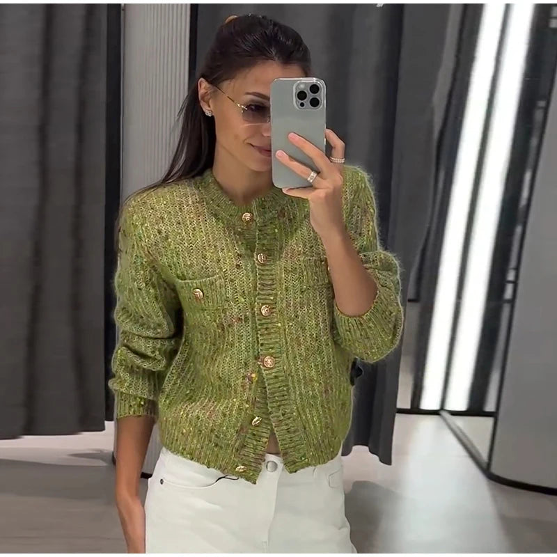 Cardigan Jacquard Lavorato a Maglia, Nuova Collezione Autunno 2026, Maglione Casual da Donna con Collo Alto e Maniche Lunghe, Cappotto in Maglia Stampata Larga