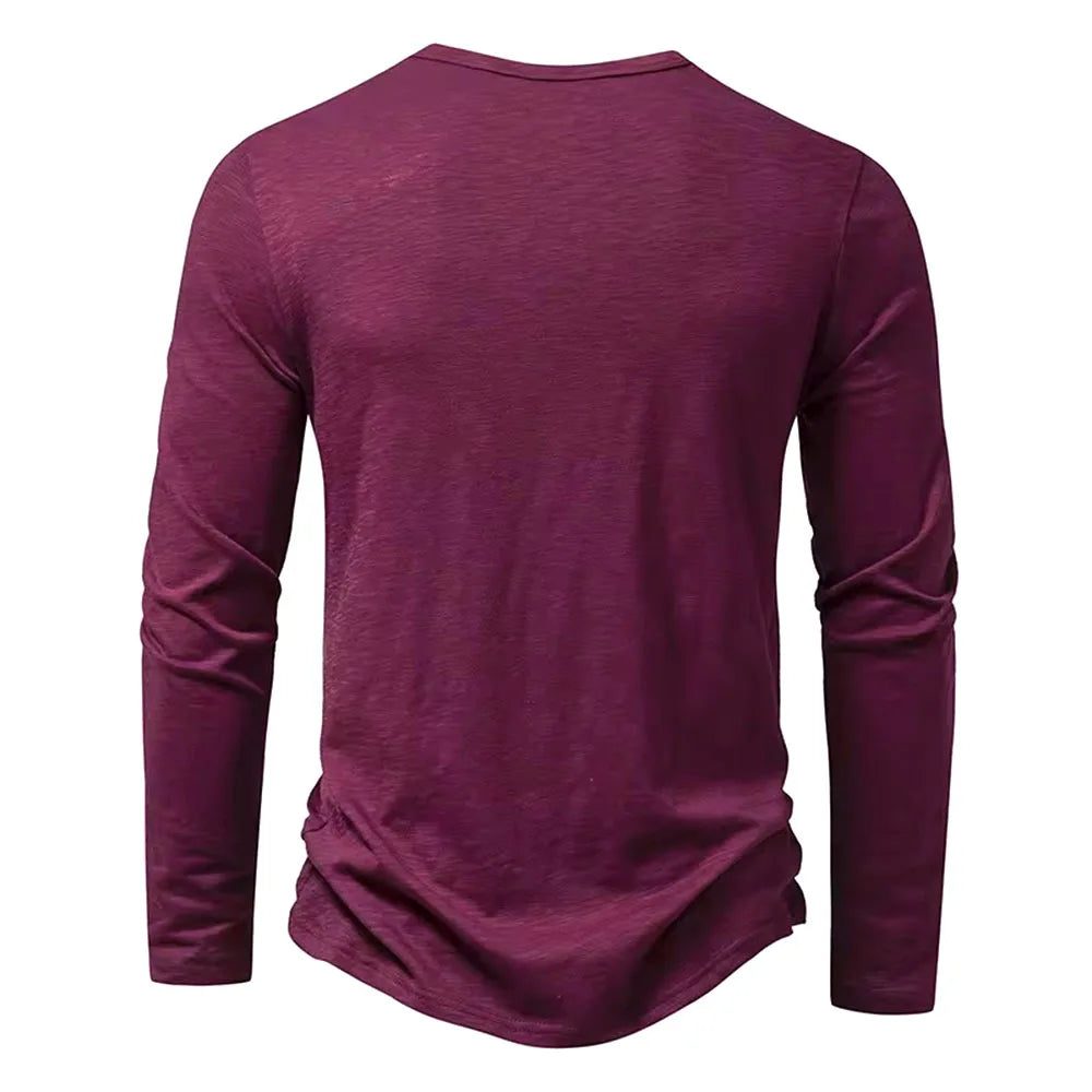 Camicia da uomo in cotone con bottoni e collo a Henley, manica lunga, bottoni casual, tinta unita, magliette alla moda