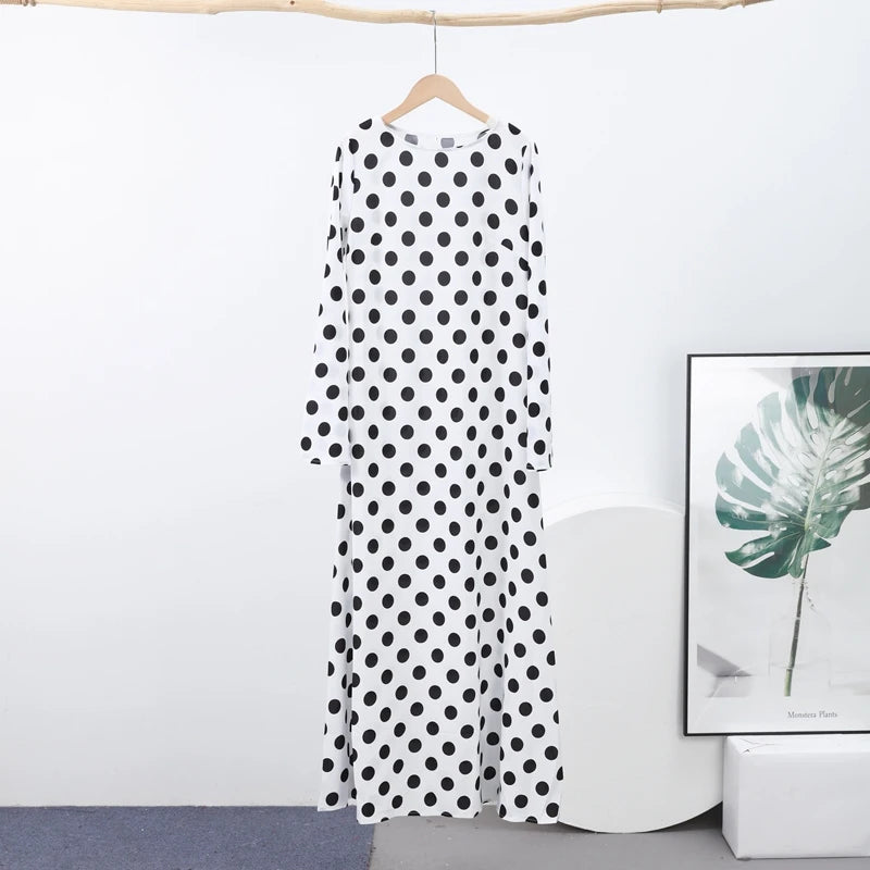 Abito a pois alla moda da donna, slim, a maniche lunghe, girocollo, a vita alta, lungo fino al pavimento, Nuova Collezione Primavera Estate 2026, Stile Bohemien