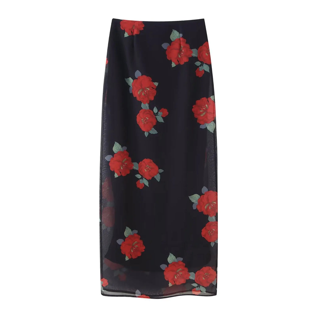 Women's Summer Skirt Sexy Two Piece Set Fashion Flower Print Holiday Party Suspender Top High Waist Slim Midi Skirt