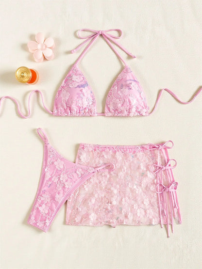 Costume da bagno a 3 pezzi con gonna in rete rosa con paillettes, reggiseno push-up e perizoma, stile brasiliano, per donna, ideale per le vacanze.