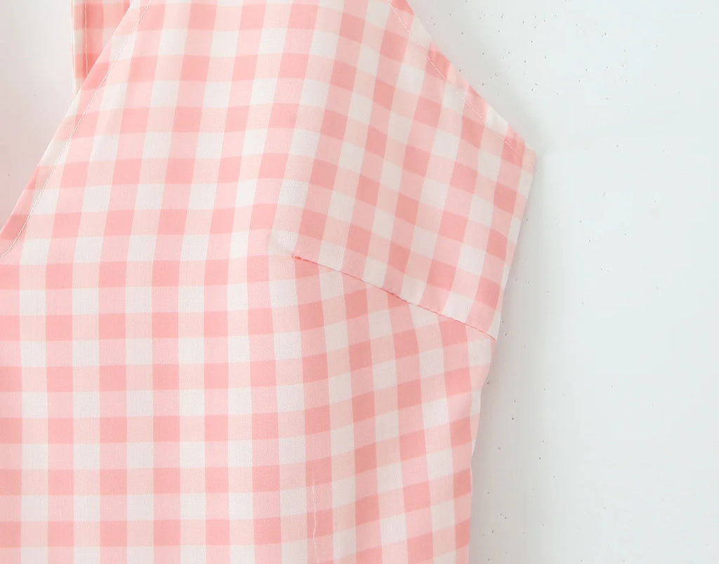 YENKYE Abito estivo da donna sexy senza schienale scozzese rosa con scollo all'americana a vita bassa Abiti da festa eleganti Abito da vacanza