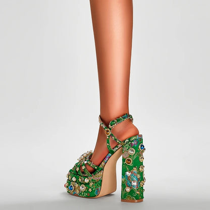 Neue Damen Sommer Plateau Sandalen wasserdicht dicker Boden Wasser Diamant Perle Niete Blume Satin offene Spitze High Heels groß