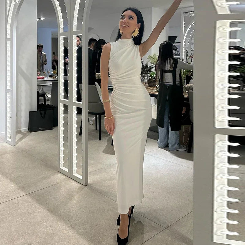 Abito da donna solido pieghettato O collo Slim Hip Package abiti lunghi da donna 2024 moda senza maniche Summer Evening Party abito femminile
