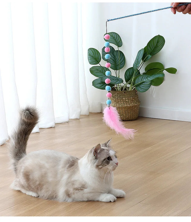 Giocattolo per gatti Pompon Giocattoli per gatti Giocattoli interattivi di piume per gatti Stuzzicare i gatti Giocattolo per gatti durevoli Bastone da gioco Palla di peluche Forniture per animali domestici