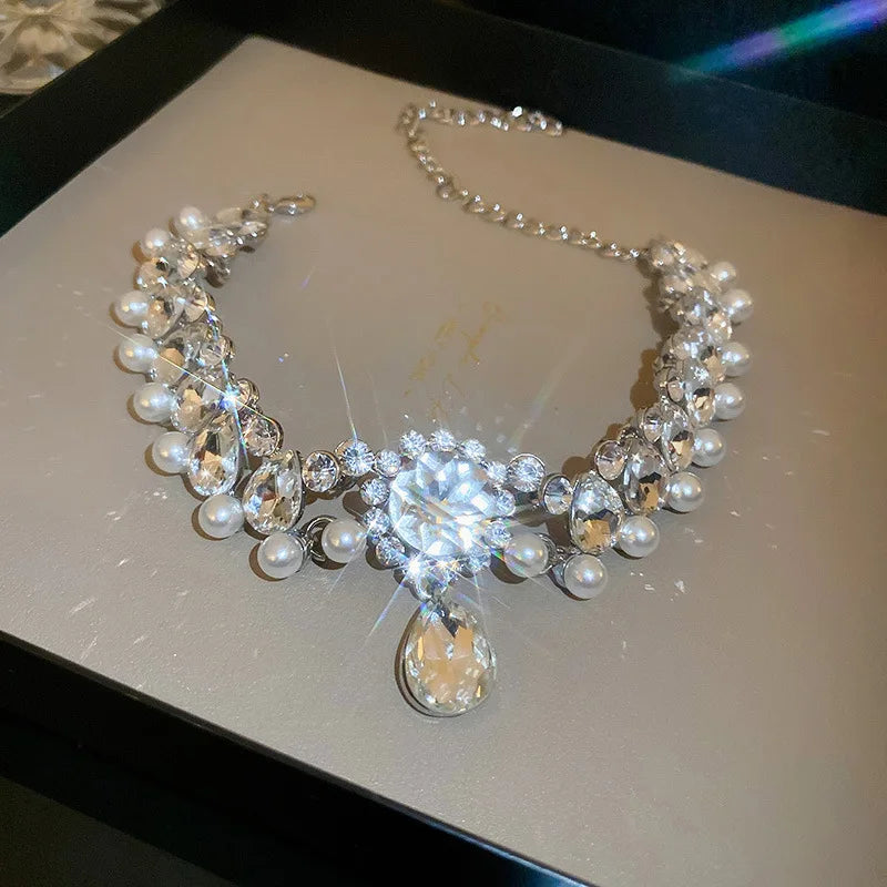 Collane girocollo di lusso con strass e cristalli per donna, collana a più strati con perle finte per feste e matrimoni, gioielli K-