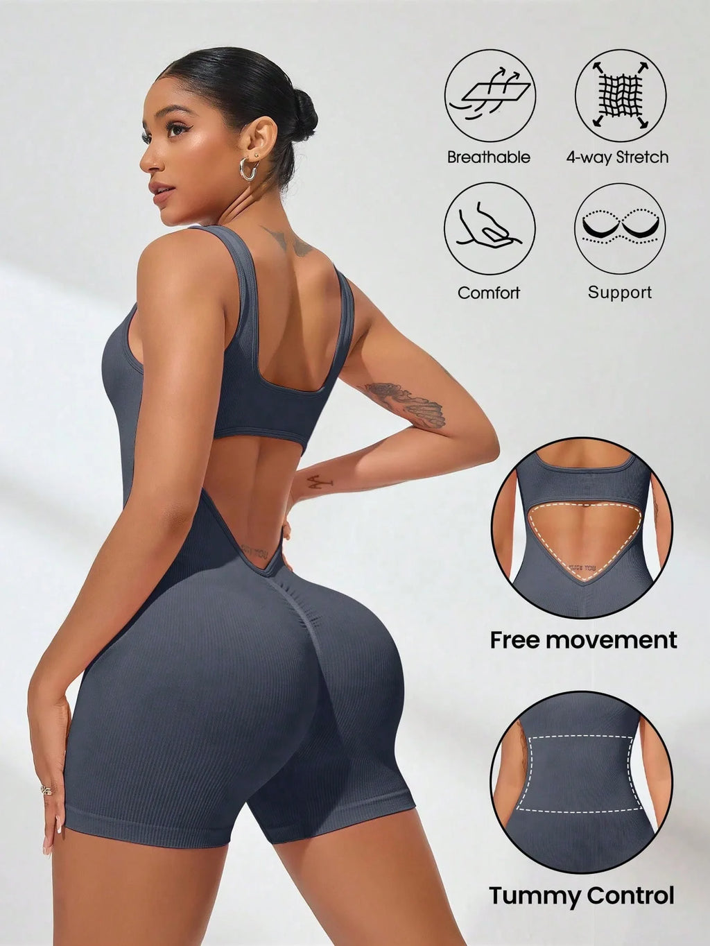 Tuta Sportiva Sexy con Schiena a V e Arricciatura, Senza Maniche, per Donna, Abbigliamento Casual e da Yoga