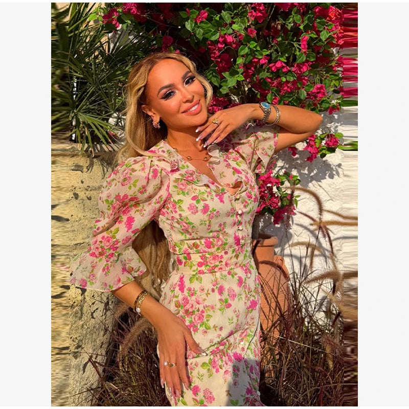 Elegante Abito Stampato con Inserti in Pizzo da Donna, Scollo a V Profondo, Mezza Manica, Vita Stretta, Spacco, Vestito Midi 2026, Abito da Festa per Donna
