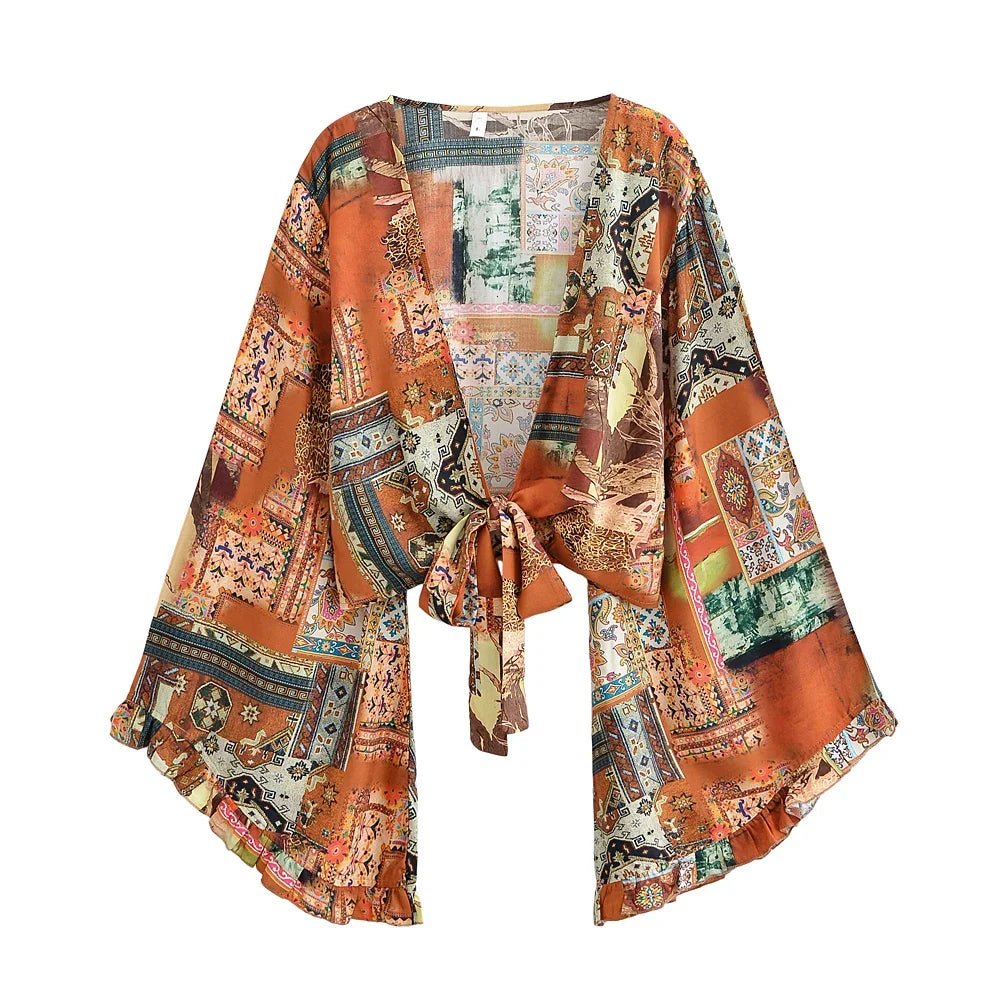 Boho Queens Sun Flower Beach Kimono corto estivo da donna 2025 Ruffles maniche svasate Vacanza Copricostumi bikini bohémien