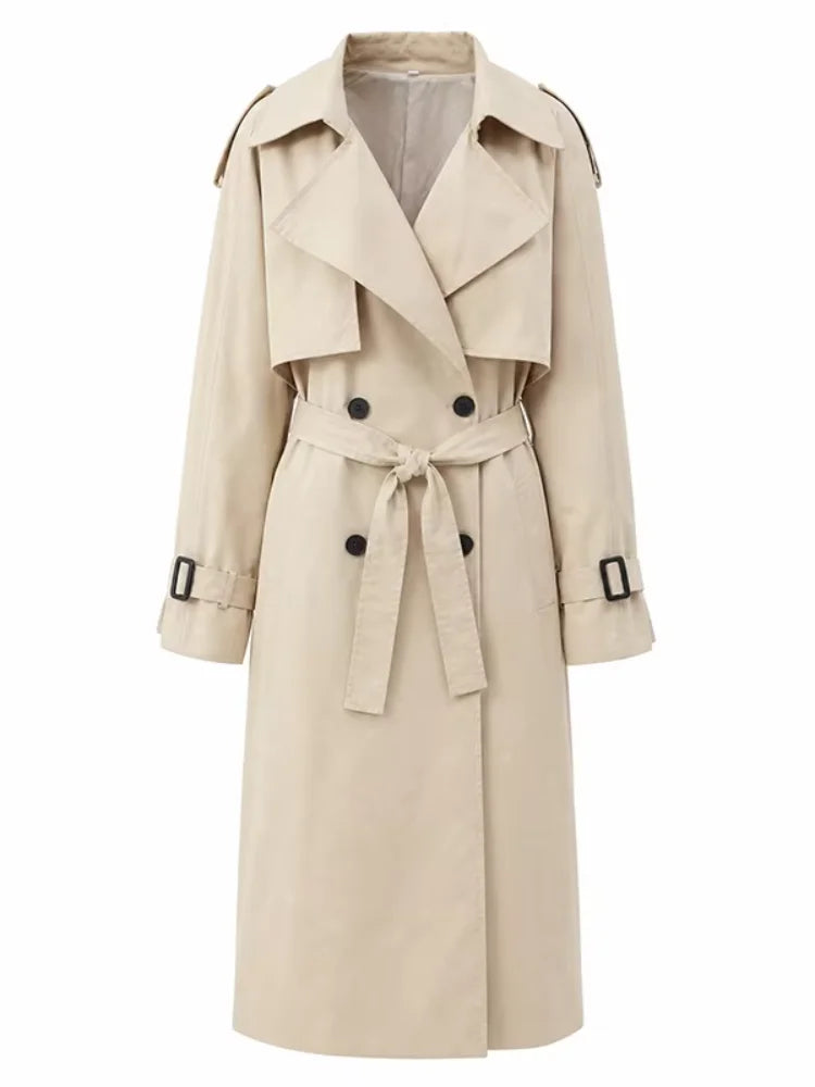 Trench lungo con lacci solido Moda donna Manica intera Risvolto monopetto Capispalla allentato Lady Autunno Cappotto Highstreet quotidiano