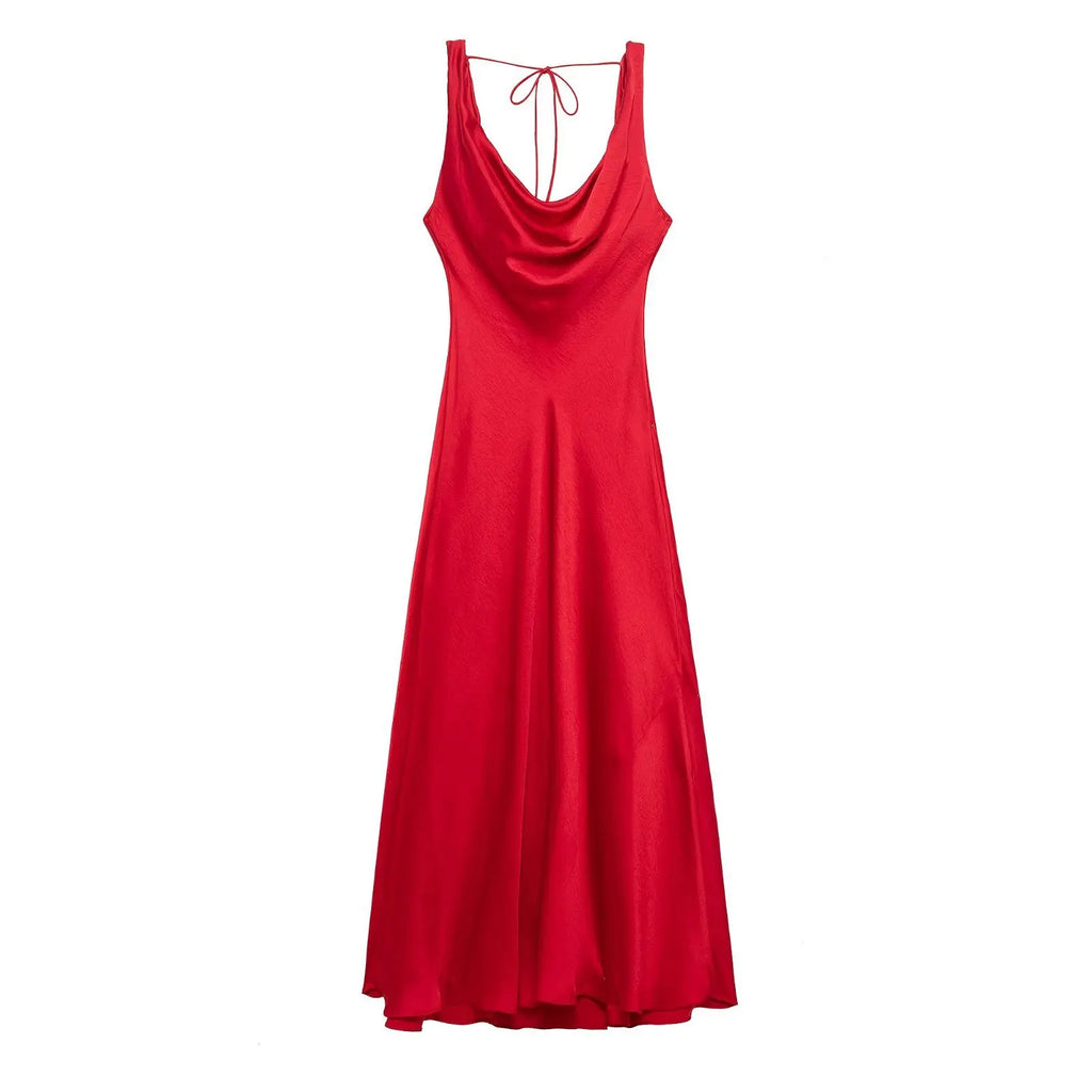 Summer sexy pleated satin chic red women party dress sleeveless beach maxi dress new commuter high street style