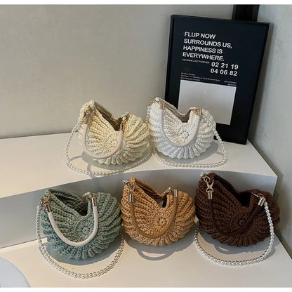 Borse a tracolla da donna all'uncinetto a forma di conchiglia creativa Divertenti catene di perle carine Borsa a tracolla in tessuto fatto a mano Novità piccole borse