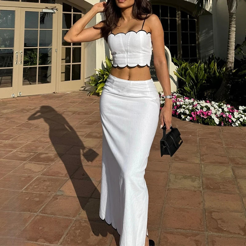 Summer Off Shoulder Camisole Top and Skirt Women's Outfit Sexy Backless Hollowed Out Party Sets White Slim Fit Beach Two Piece