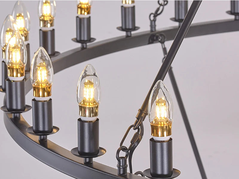 American Wagon Wheel Chandelier light Retro Industrial Candle Large Hanging lamp For Cafe Restaurant Bar Round Ceiling Lamp