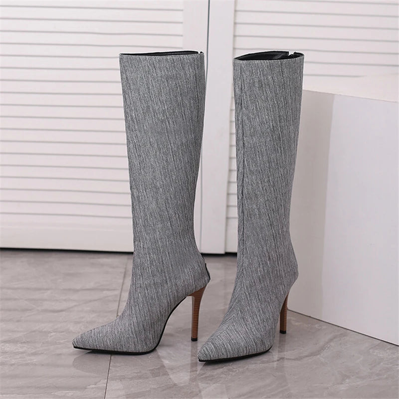 2025 White Snake Print Leather Knee High Boots Thin Heel Zipper Sexy Party Shoe Pointy Toe Thigh High Woman Long Boot Size 34-43