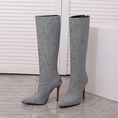 2025 White Snake Print Leather Knee High Boots Thin Heel Zipper Sexy Party Shoe Pointy Toe Thigh High Woman Long Boot Size 34-43
