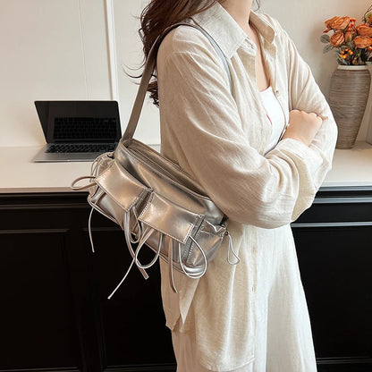 LEFTSIDE Borse a tracolla in pelle PU con design a doppia tasca per donna 2025 Borsa a tracolla di nuova tendenza della moda Borse da donna in argento