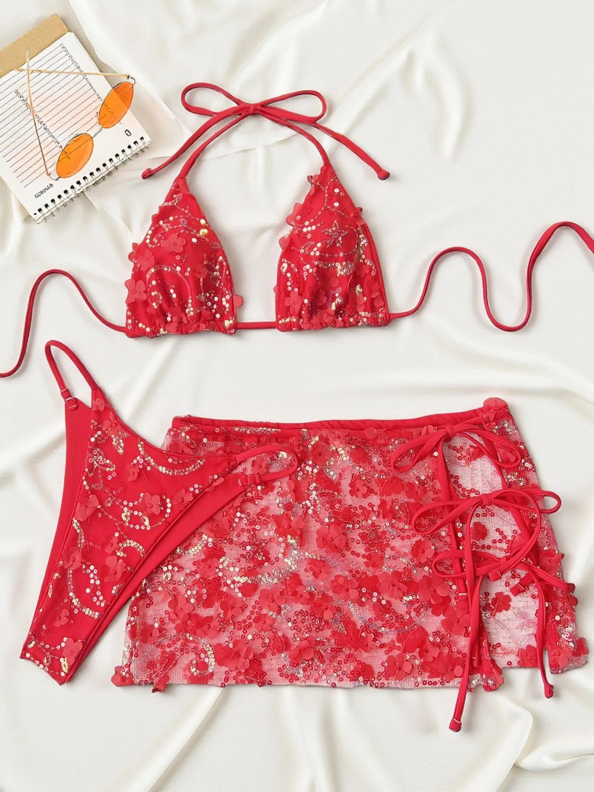 Costume da bagno a 3 pezzi con gonna in rete rosa con paillettes, reggiseno push-up e perizoma, stile brasiliano, per donna, ideale per le vacanze.