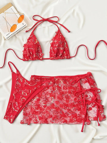 Costume da bagno a 3 pezzi con gonna in rete rosa con paillettes, reggiseno push-up e perizoma, stile brasiliano, per donna, ideale per le vacanze.