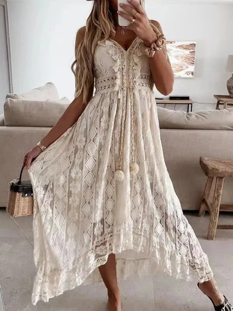Abito lungo da donna senza maniche in pizzo sexy per le vacanze al mare alla moda estiva con scollo a V scava fuori abiti eleganti larghi