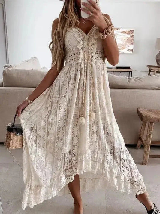 Abito lungo da donna senza maniche in pizzo sexy per le vacanze al mare alla moda estiva con scollo a V scava fuori abiti eleganti larghi