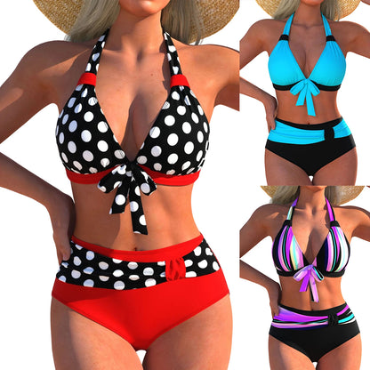 Sexy Bikini Set Summer Fashion Polka dot and Colorful Striped Swimsuit for Beach and Pool High waisted with Tied Front Bikini