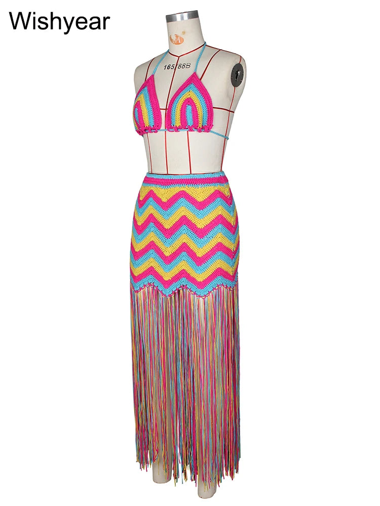 Ensembles sexy d'été tricotés 2 pièces pour femmes, haut de bikini au crochet et jupe à glands avec lacets, tenues de soirée pour la plage et les clubs