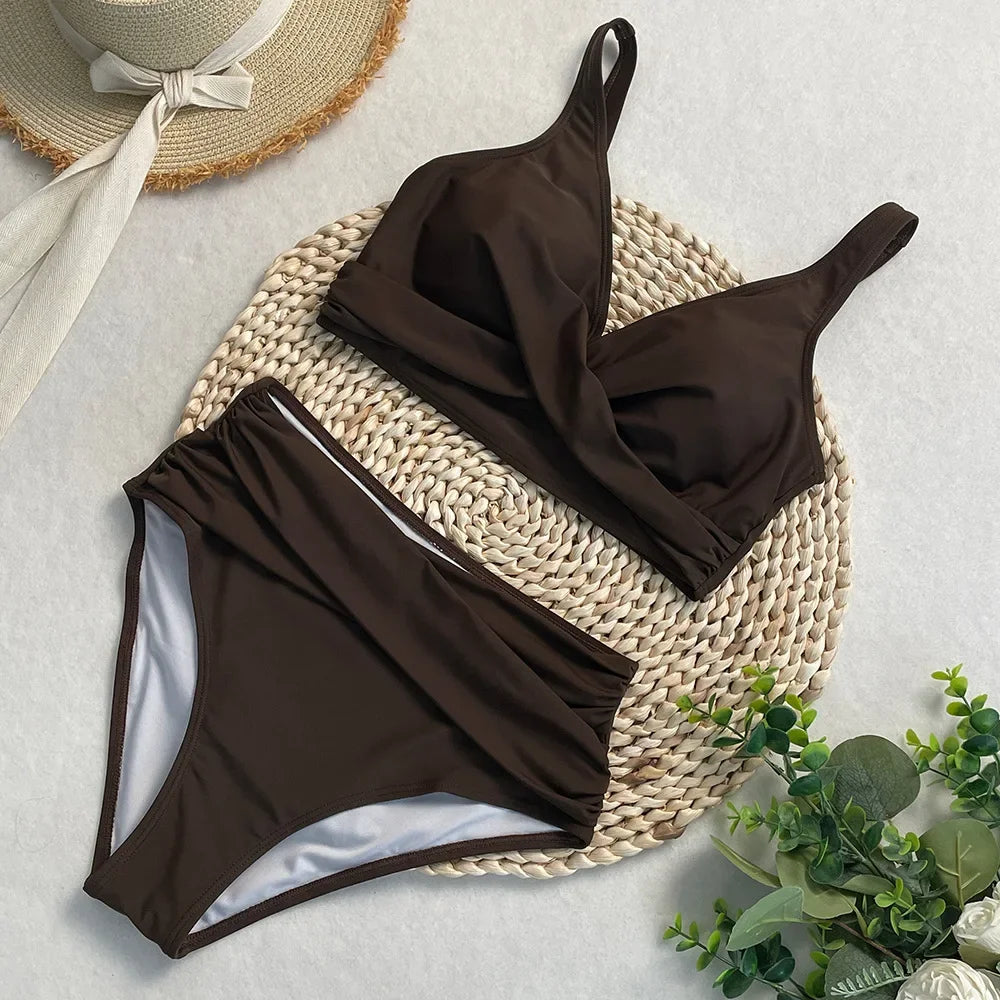 swimsuit ladies Women's High Waist  Bikini Sets Sporty Two Piece Swimsuits Solid Colors High Cut Bathing Suits Women Bikini Sets