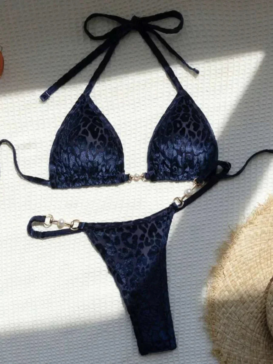 Sexy Leoparden Samt Bikini Mini Micro Tanga Bikinis Damen Bademode Weiblicher Badeanzug Zweiteiliger Bikini Set Neckholder Badeanzug Schwimmen