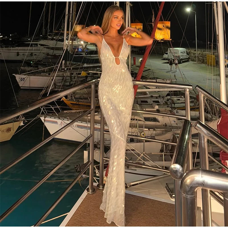Abito lungo da donna con paillettes Abito lungo con scollo a V Solido Backless Vita alta Abiti senza maniche 2025 Moda Nuova estate Lady Party Robes